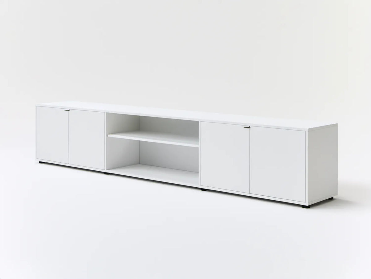 Biała szafka RTV z płyty MDF 180 × 40 × 45 cm, 4 drzwi i 2 otwarte półki