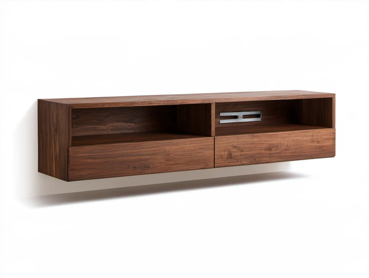 Wisząca szafka RTV z MDF w kolorze orzechowego brązu, 180 x 40 x 45 cm, 2 szuflady