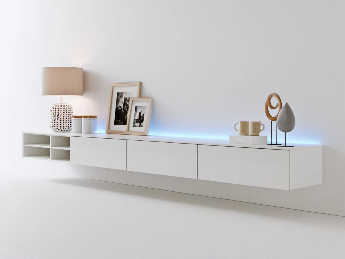 Biała wisząca szafka RTV z lakierowanej płyty MDF 300 x 35 x 35 cm