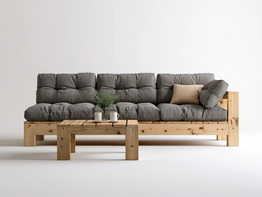 Zestaw ogrodowy z 3-osobową sofą i stolikiem, lite drewno sosnowe, naturalny jasnobrązowy/ciemnoszary, sofa 210 x 75 x 80 cm, stolik 90 x 60 x 45 cm