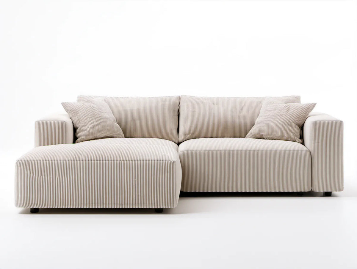 Beżowa sofa narożna z lewostronnym szezlongiem, tapicerka sztruksowa, 250 x 160 x 85 cm