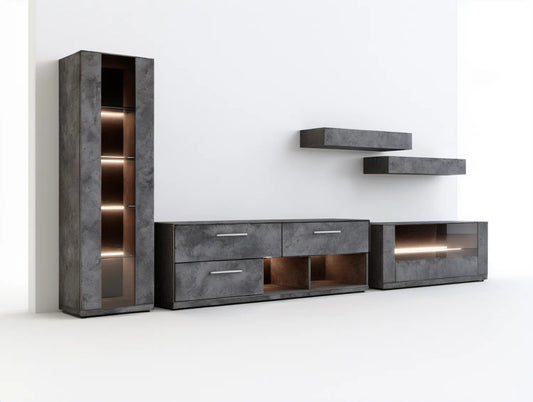 Zestaw mebli RTV 5-elementowy w dekorze grafitowego betonu, 290 × 40 × 190 cm