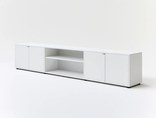 Biała szafka RTV z płyty MDF 180 × 40 × 45 cm, 4 drzwi i 2 otwarte półki