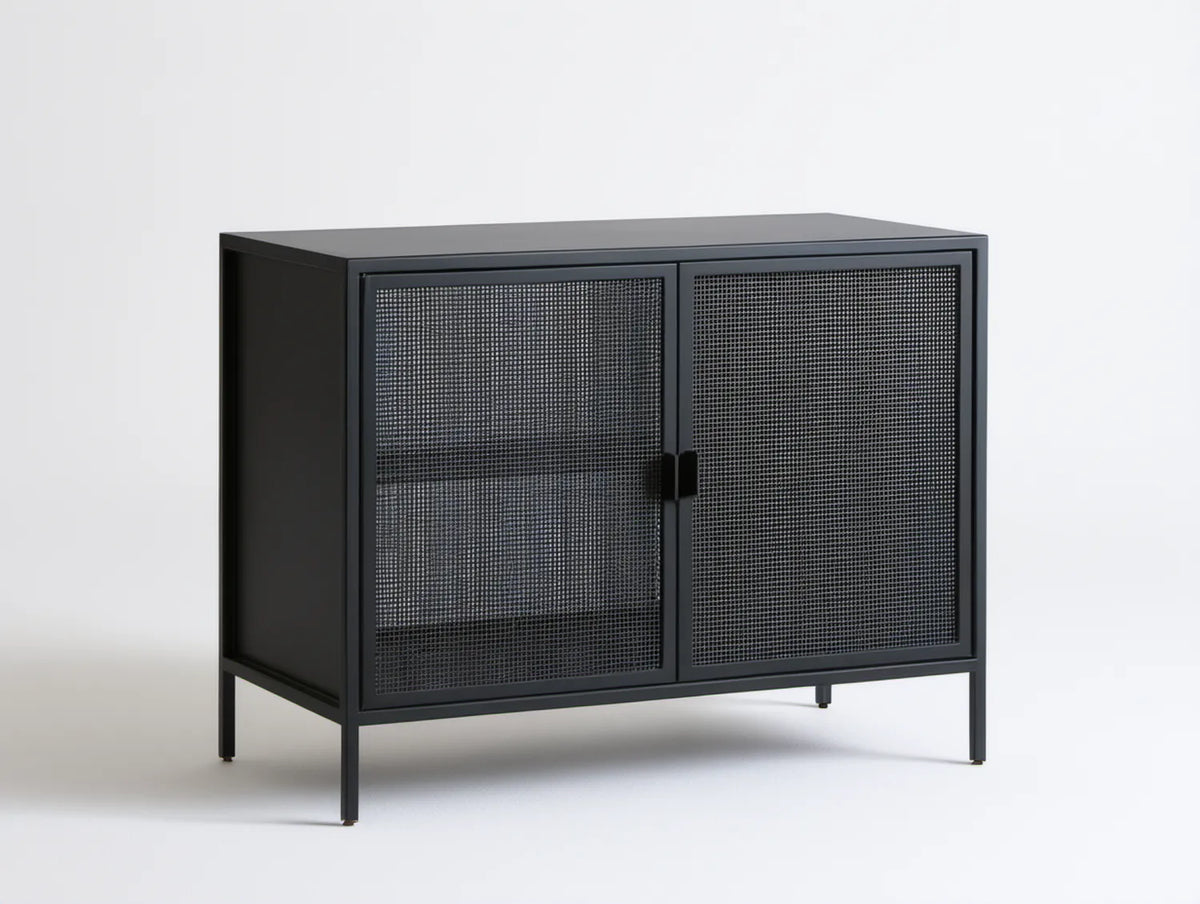 Czarny stalowy kredens z perforowanymi drzwiami 100 x 40 x 75 cm