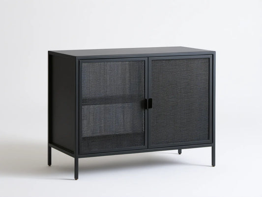 Czarny stalowy kredens z perforowanymi drzwiami 100 x 40 x 75 cm