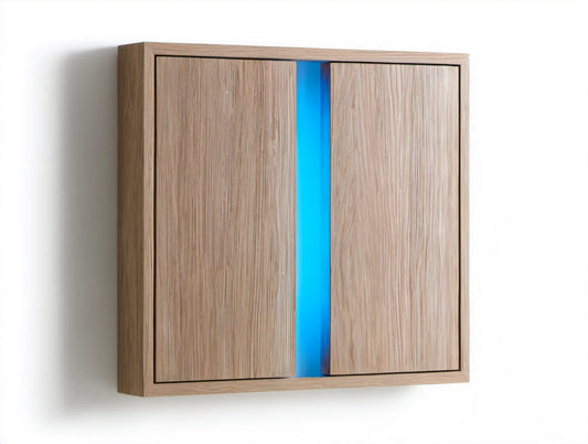 Wisząca szafka z MDF z podświetleniem LED, dąb naturalny/niebieski, 120 x 30 x 80 cm