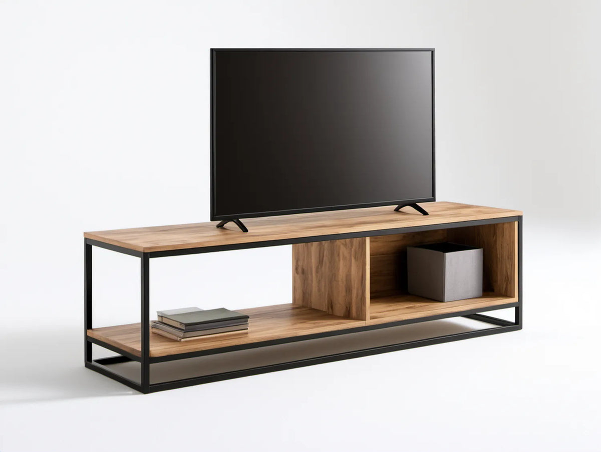 Szafka RTV industrialna z MDF i stali, orzechowa/czarna, 140 x 40 x 50 cm