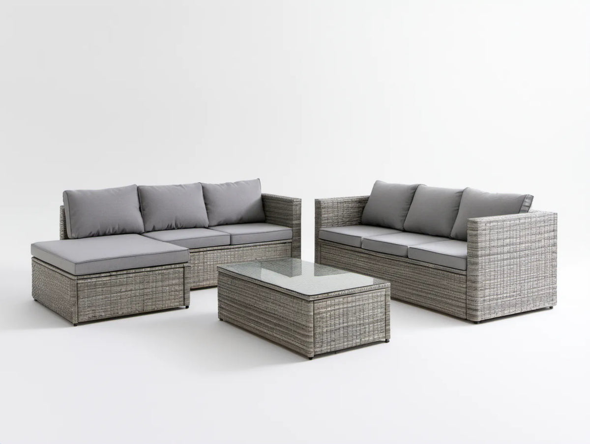 Szary zestaw ogrodowy z technorattanu PE – sofa narożna 200 x 140 x 65 cm, sofa 3-osobowa i stolik 100 x 60 cm