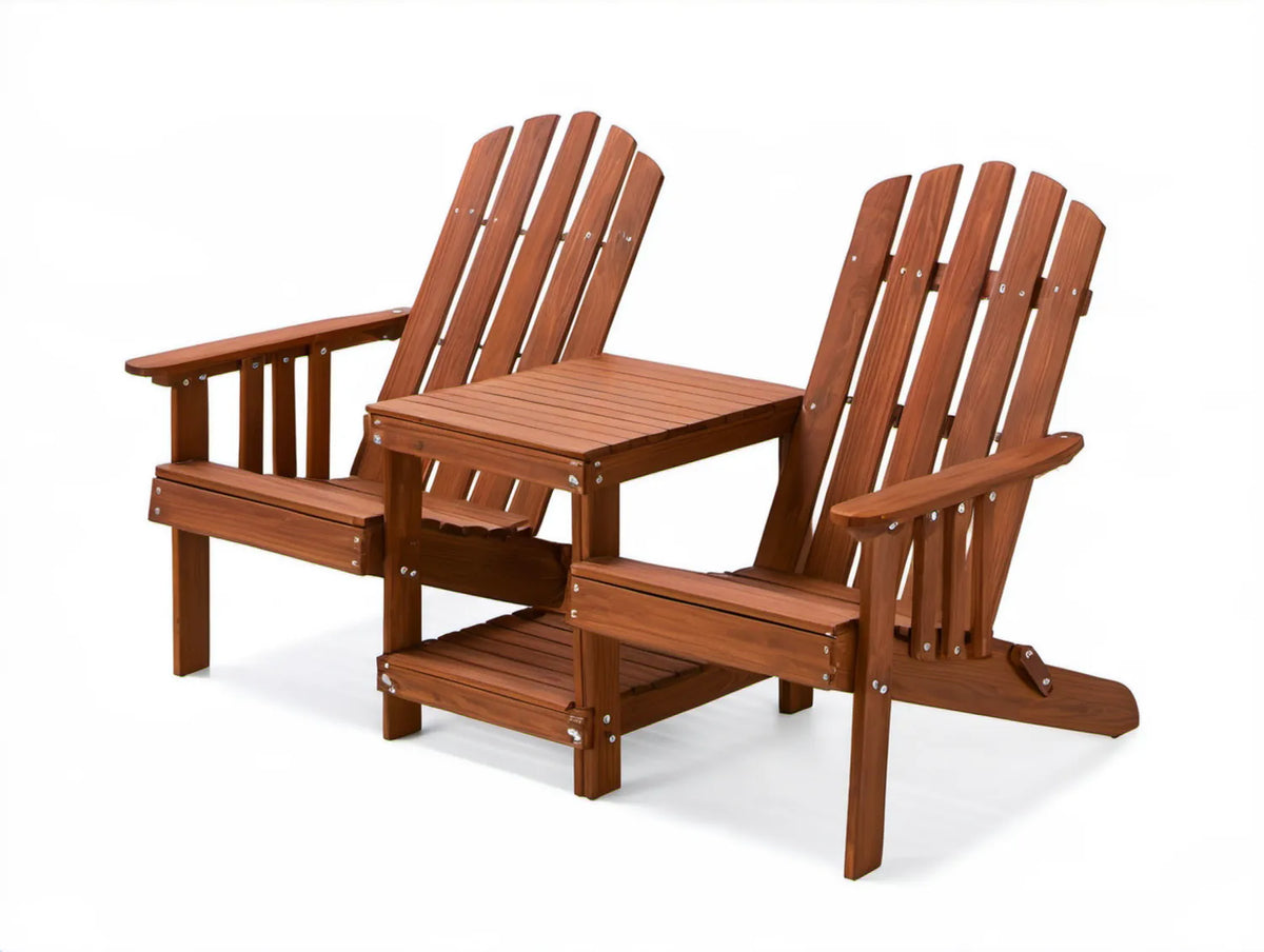 Brązowy zestaw Adirondack dla 2 osób ze stolikiem, lite drewno jodłowe, 160 x 83 x 95 cm