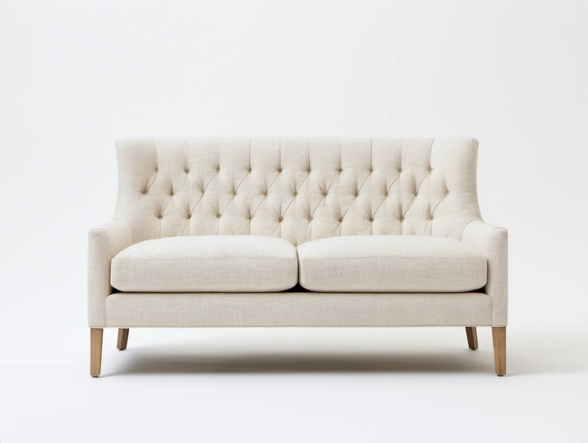 Dwuosobowa sofa beżowa z naturalnymi drewnianymi nogami, 160 x 88 x 98 cm