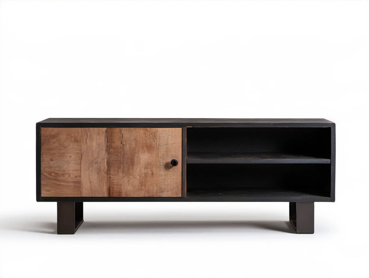 Szafka RTV z litego drewna mango i stali, czarno-brązowa, 120 x 30 x 50 cm