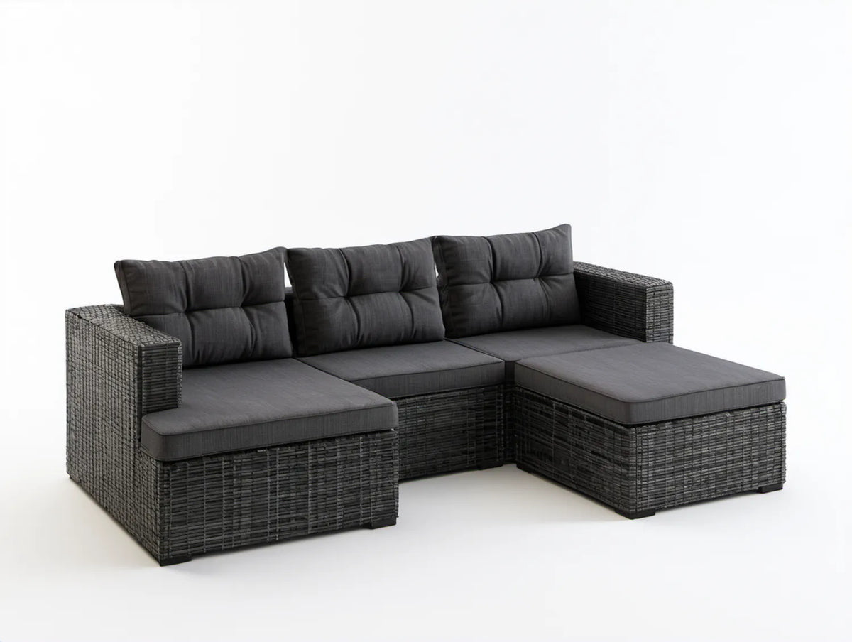 Modułowa sofa ogrodowa w kształcie L z technorattanu PE, 210 × 140 × 63 cm, grafitowo-ciemnoszara