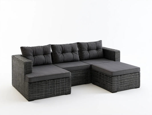 Modułowa sofa ogrodowa w kształcie L z technorattanu PE, 210 × 140 × 63 cm, grafitowo-ciemnoszara