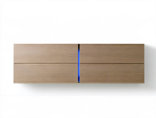 Wisząca szafka RTV z płyty laminowanej, jasny dąb, niebieskie oświetlenie LED, 160 × 35 × 40 cm