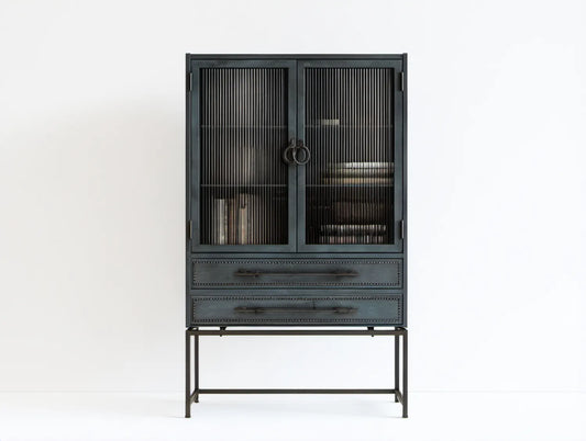 Czarny mebel stalowy z ryflowanym szkłem, 2 drzwiami i 2 szufladami, 90 × 40 × 180 cm