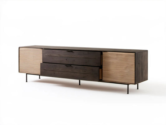 Kredens nowoczesny z MDF i fornirem dębowym, ciemnobrązowy/naturalny dąb/czarny, 200 × 45 × 75 cm