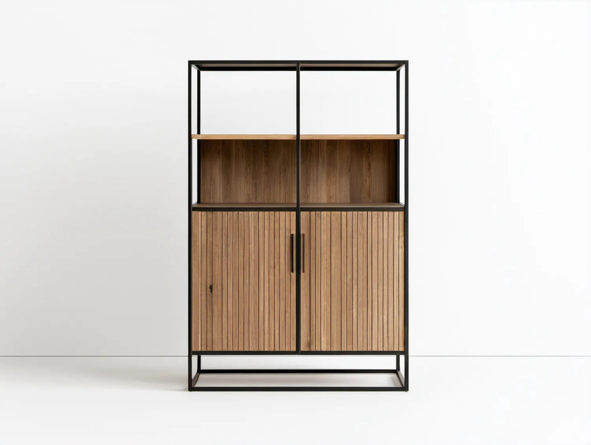 Wysoki kredens dębowo-czarny z MDF i stali, 90 x 40 x 190 cm