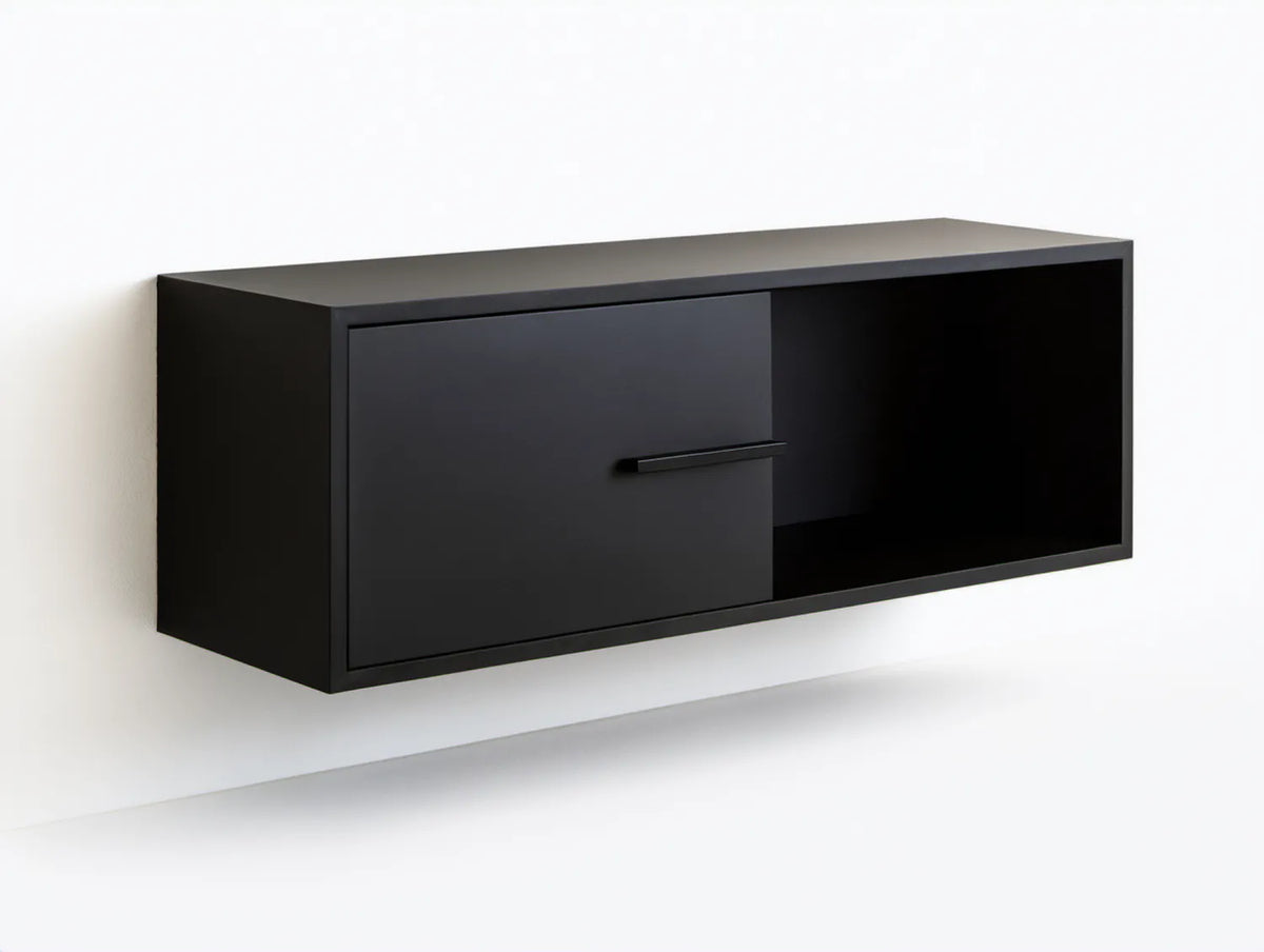 Czarna wisząca szafka RTV z przesuwnym frontem MDF 100 x 30 x 40 cm