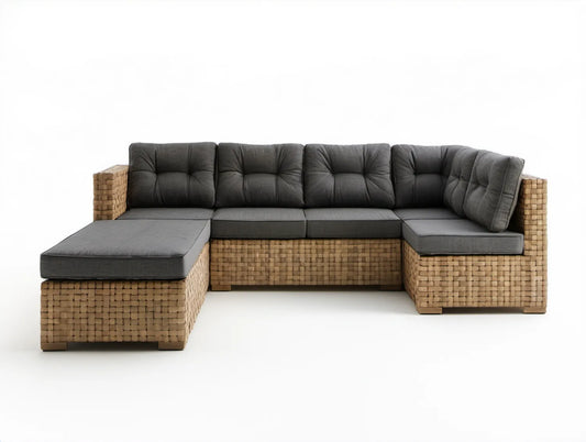 Narożna sofa ogrodowa z leżanką z technorattanu PE, grafitowa/jasnobrązowa/czarna, 280 × 210 × 75 cm