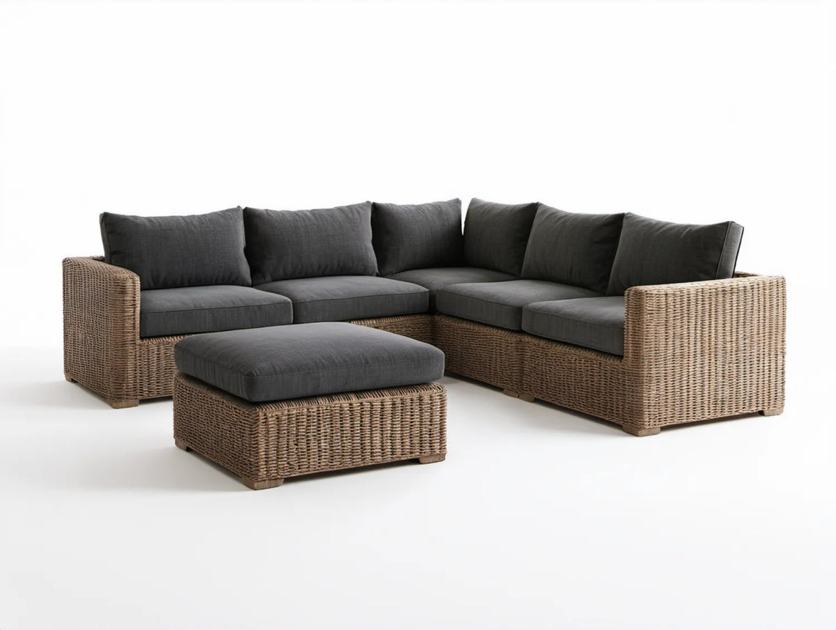 Ogrodowy zestaw narożny z technorattanu PE z pufą 250 x 250 cm, Brązowy/Ciemnoszary