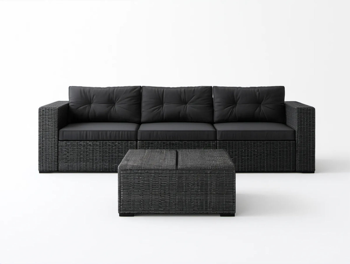 Czarny zestaw ogrodowy z technorattanu PE: sofa 3-osobowa 210 x 70 x 70 cm i pufa 100 x 60 x 35 cm