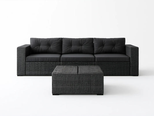 Czarny zestaw ogrodowy z technorattanu PE: sofa 3-osobowa 210 x 70 x 70 cm i pufa 100 x 60 x 35 cm